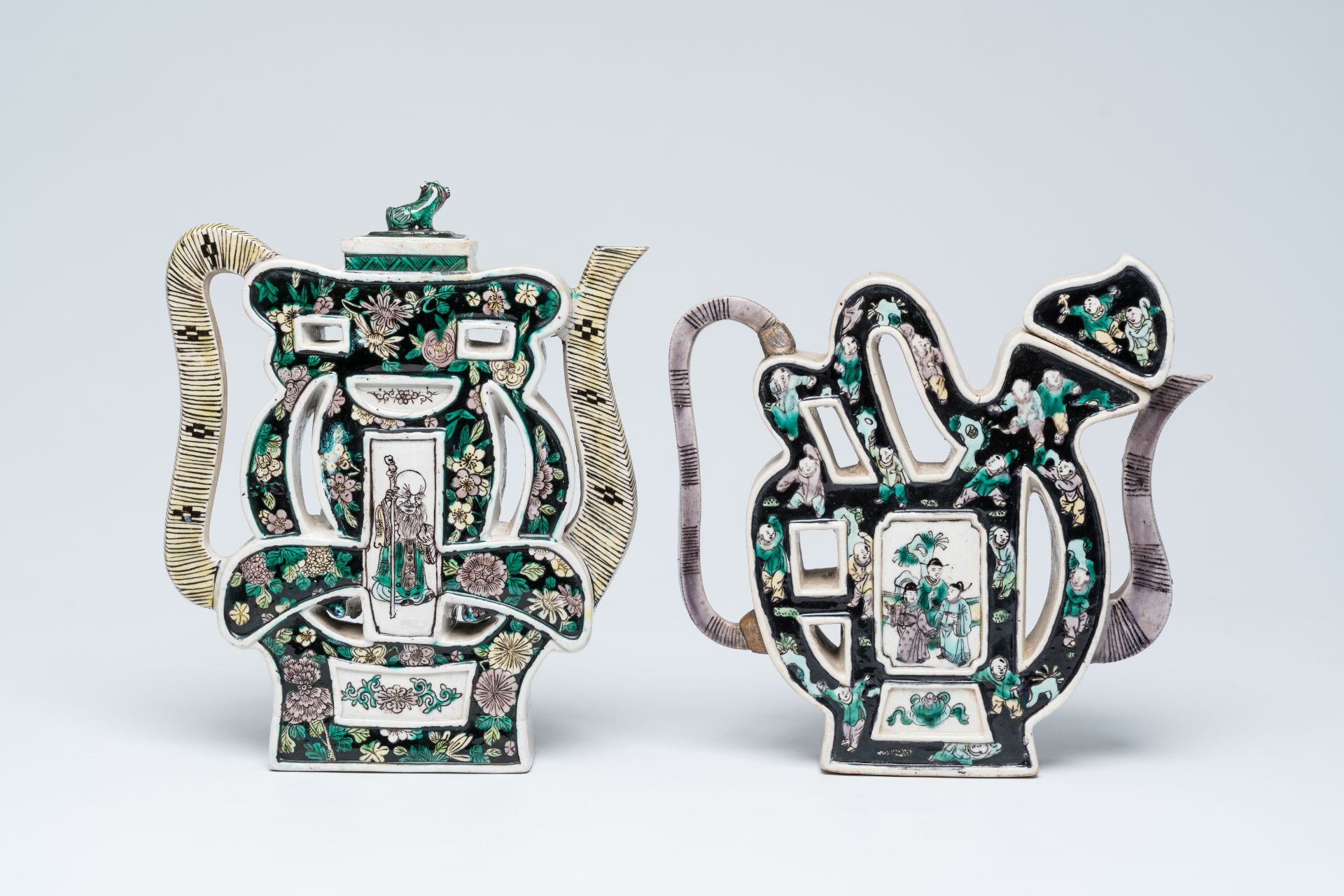 Two Chinese famille noire biscuit 'puzzle' teapots and covers with figures in a landscape and floral - Image 5 of 8