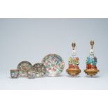 A varied collection of Chinese Canton famille rose porcelain and two figures mounted as lamps, 19th