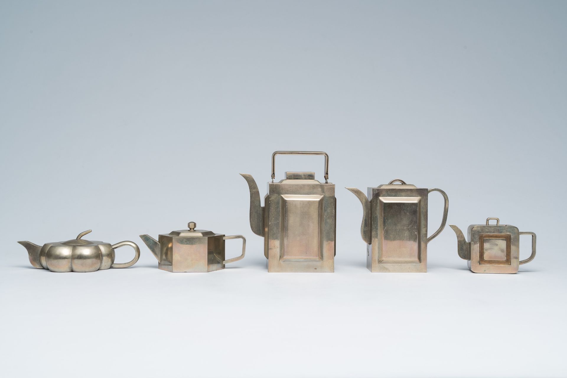 Five various Chinese paktong teapots and covers, 19th/20th C. - Image 2 of 11