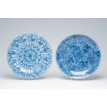 Two Chinese blue and white chargers with floral design, Kangxi