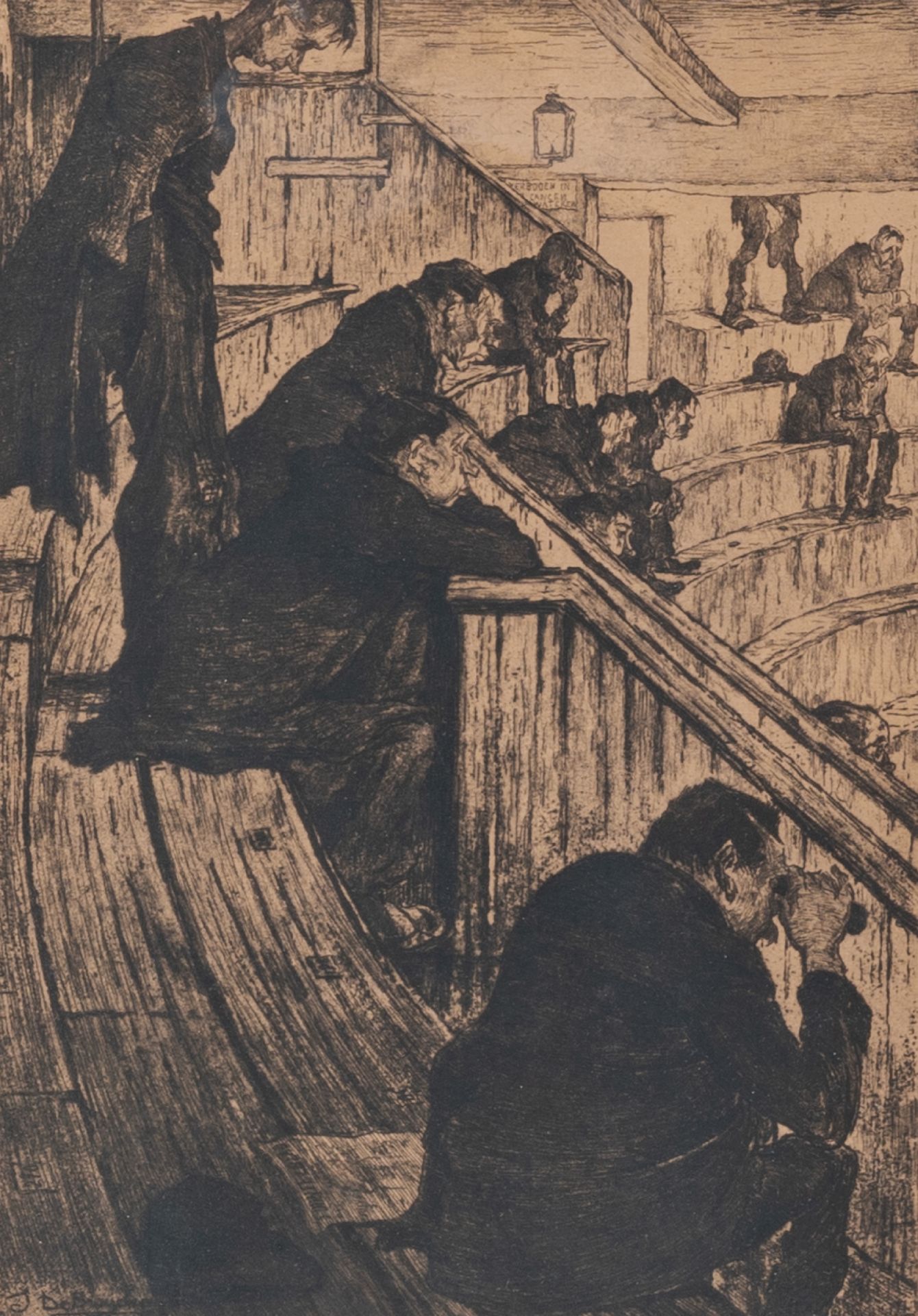 Jules de Bruycker (1870-1945): 'TheÃ¢tre Paradis' ('Kunstliefhebbers op het kiekenskot Gent'), etchi