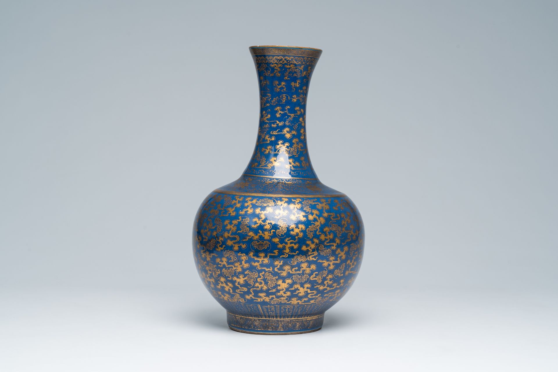 A Chinese blue ground gilt decorated 'bats amongst scrolling clouds' bottle vase, Guangxu mark and o - Image 2 of 6