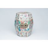 A Chinese Canton famille rose hexagonal garden seat with an animated palace scene all around, antiqu