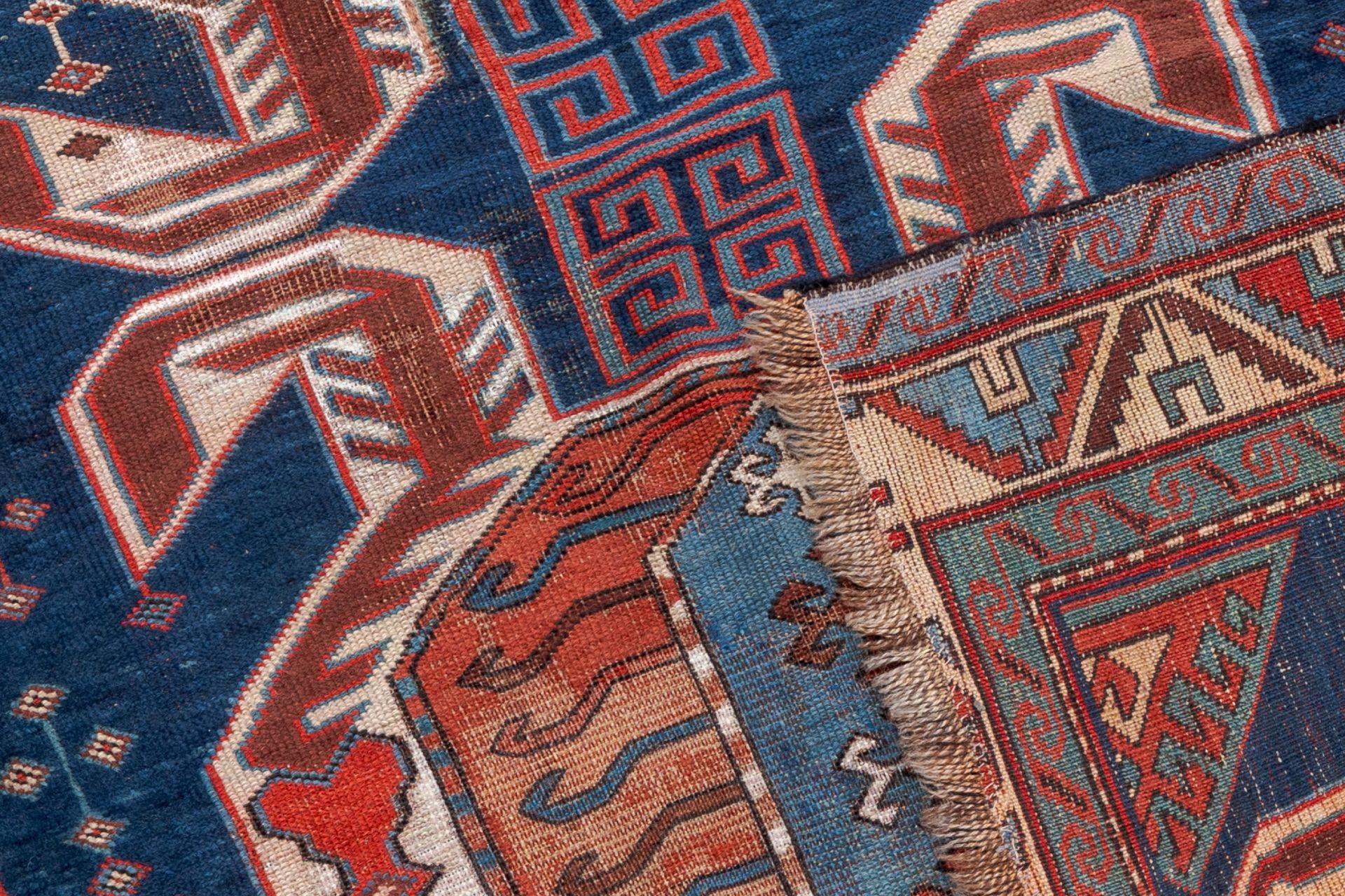 Two Caucasian carpets with geometric design and an Oriental Qom (Qum/Ghom) rug, wool on cotton, 19th - Image 3 of 5