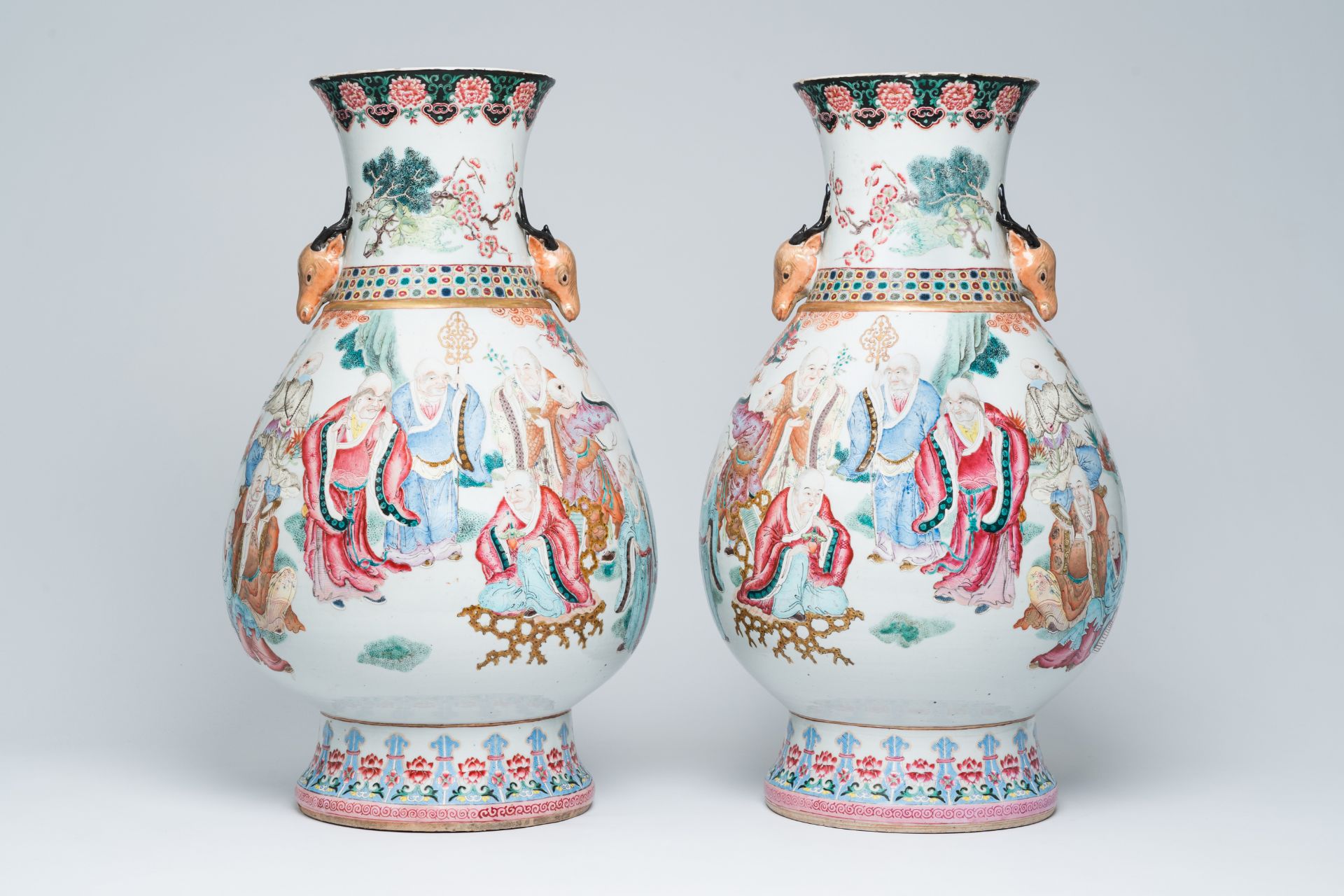 A pair of impressive Chinese famille rose 'hu' vases with the Eighteen Arhats or Luohans in a landsc - Image 3 of 13