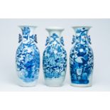 Three Chinese blue and white celadon ground vases with birds among blossoming branches, 19th/20th C.