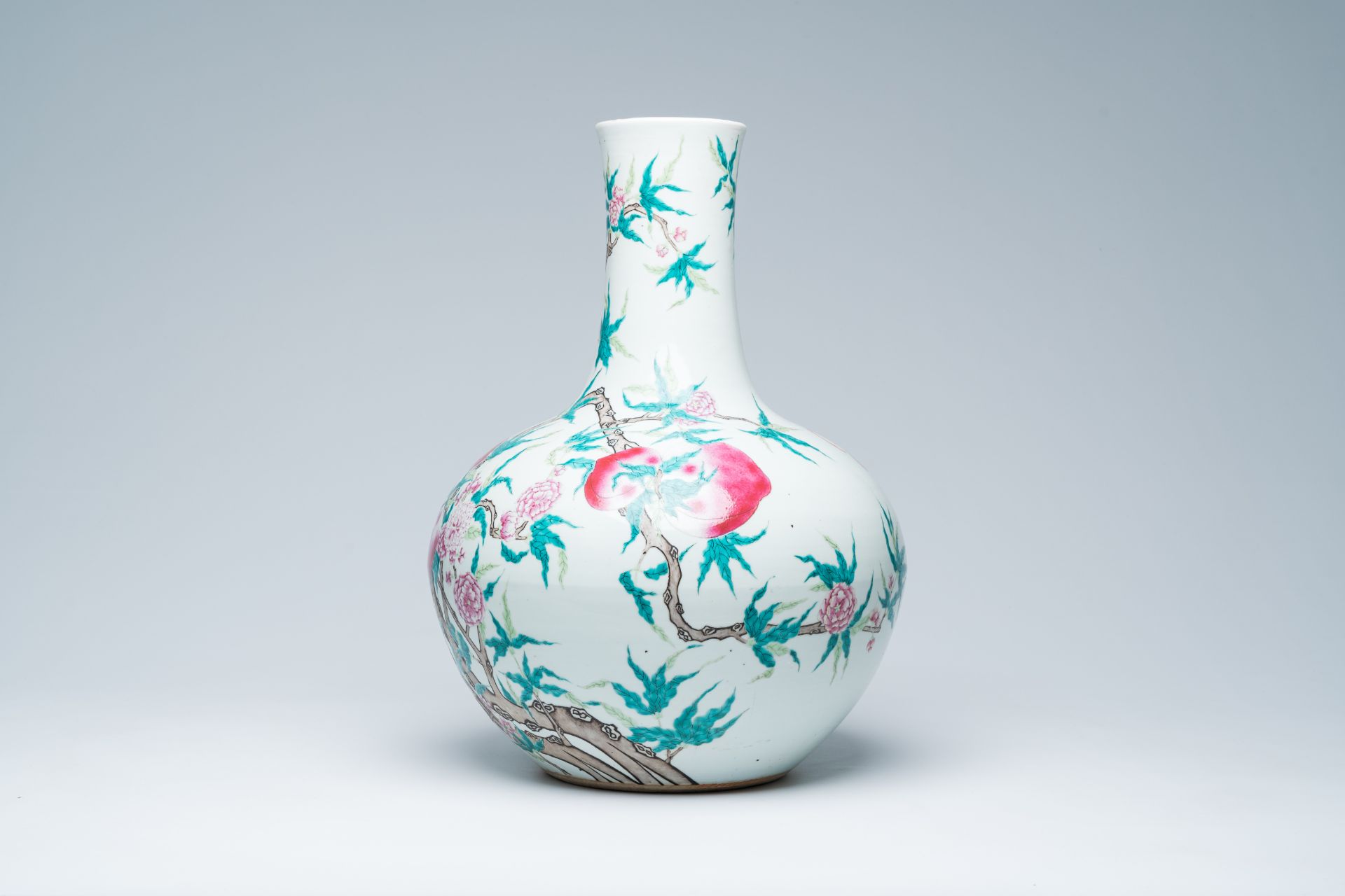 A large Chinese famille rose 'nine peaches' tianqu ping vase, 19th C. - Image 3 of 9