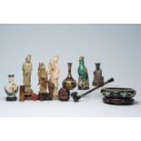 A varied collection of Chinese objects in a.o. soapstone, lacquerware and cloisonne, 19th/20th C.