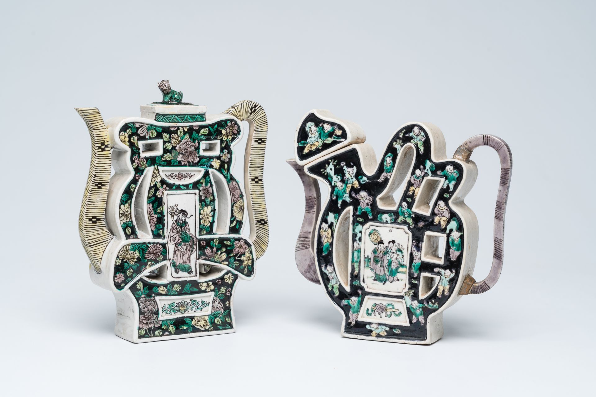 Two Chinese famille noire biscuit 'puzzle' teapots and covers with figures in a landscape and floral - Image 2 of 8