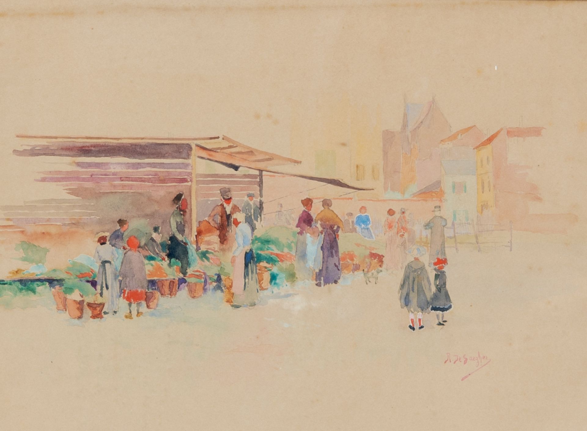 Rodolphe De Saegher (1871-1941): Market day, watercolour on paper