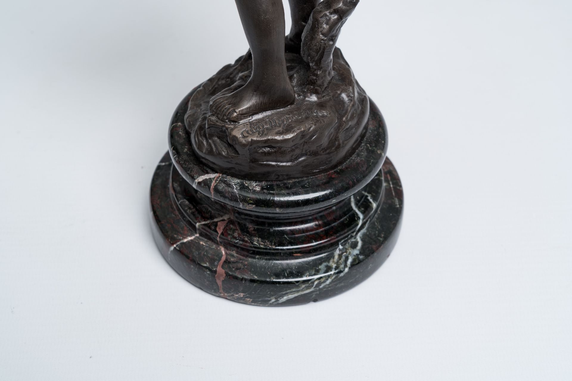 A varied collection of six French bronze sculptures on a marble base, 20th C. - Image 11 of 13