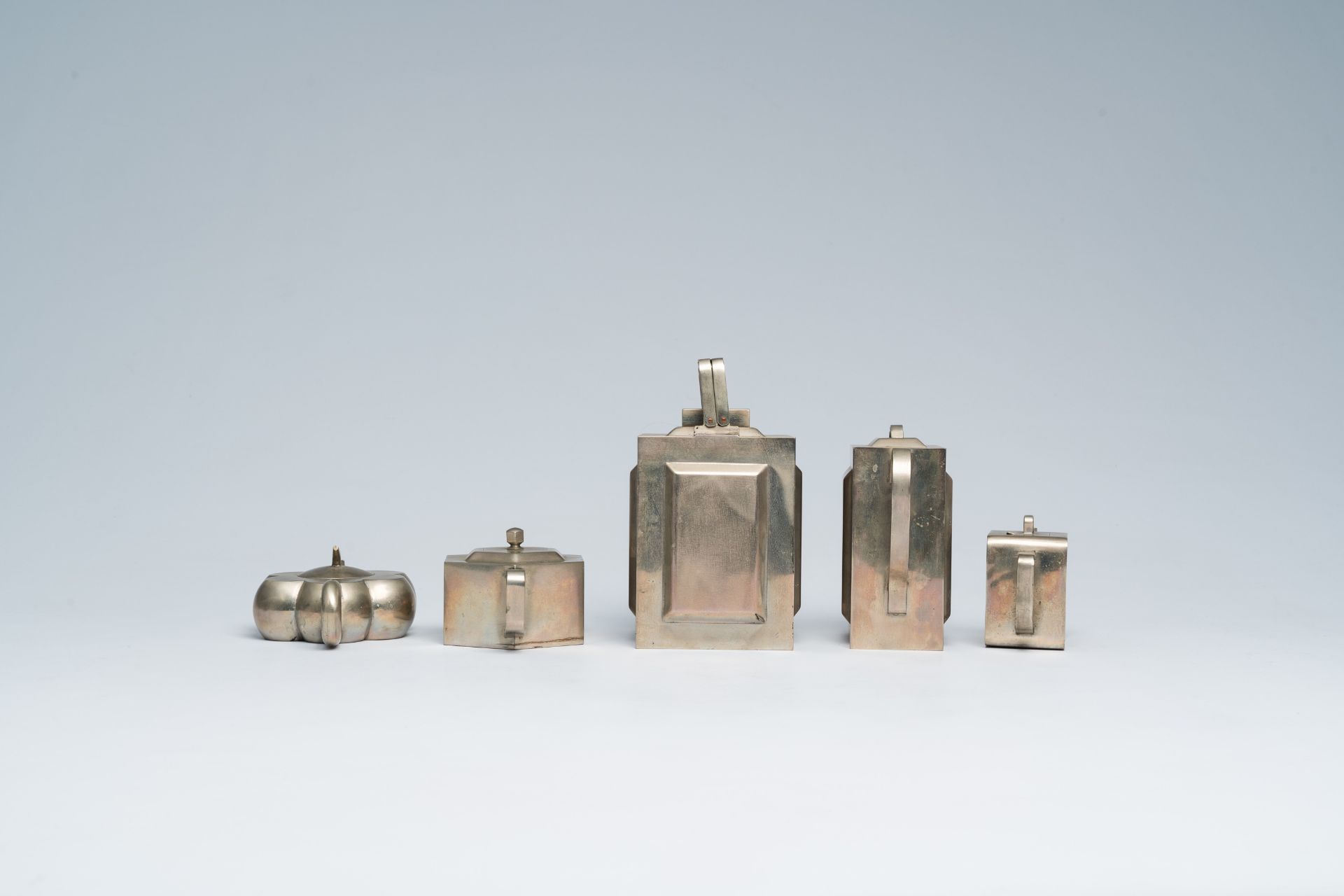Five various Chinese paktong teapots and covers, 19th/20th C. - Image 5 of 11