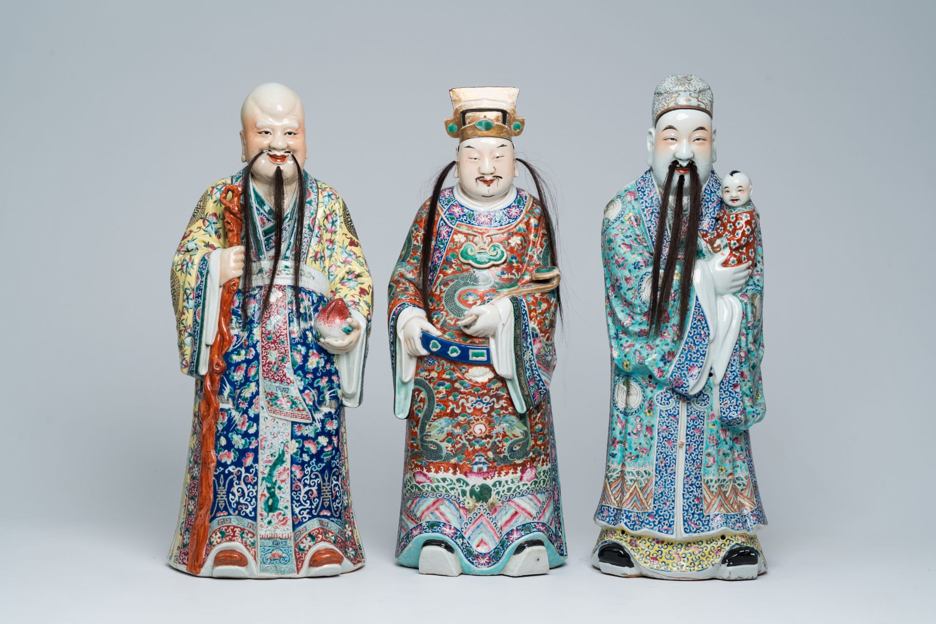 Three Chinese famille rose 'Star God' figures, 19th/20th C.