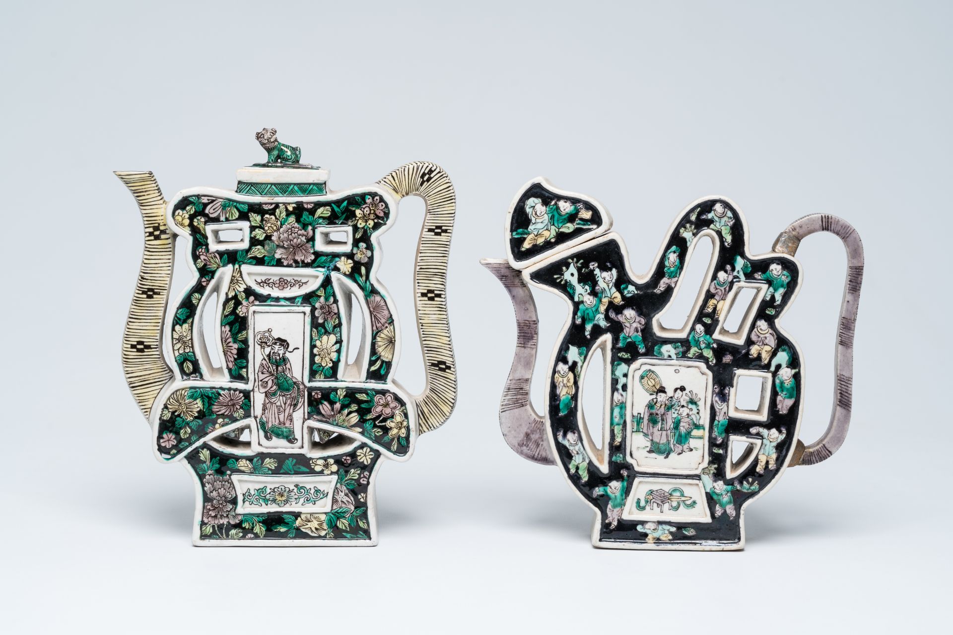 Two Chinese famille noire biscuit 'puzzle' teapots and covers with figures in a landscape and floral - Image 3 of 8