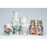 Four various Chinese qianjiang cai and Nanking crackle glazed famille rose vases and a qianjiang cai