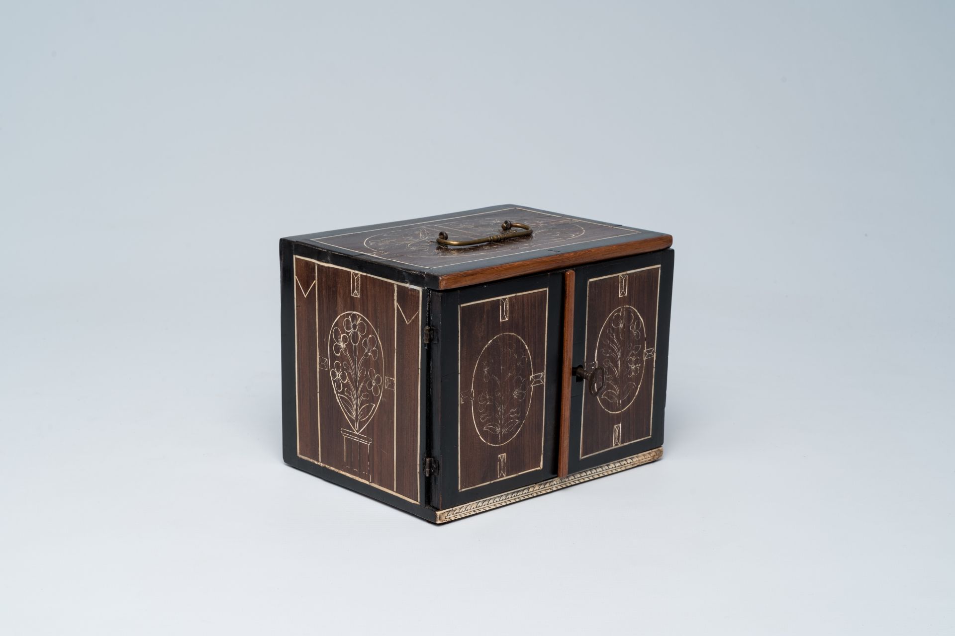 An elegant wood bone mounted miniature cabinet with figures and floral design, 17th/18th C. - Image 13 of 13