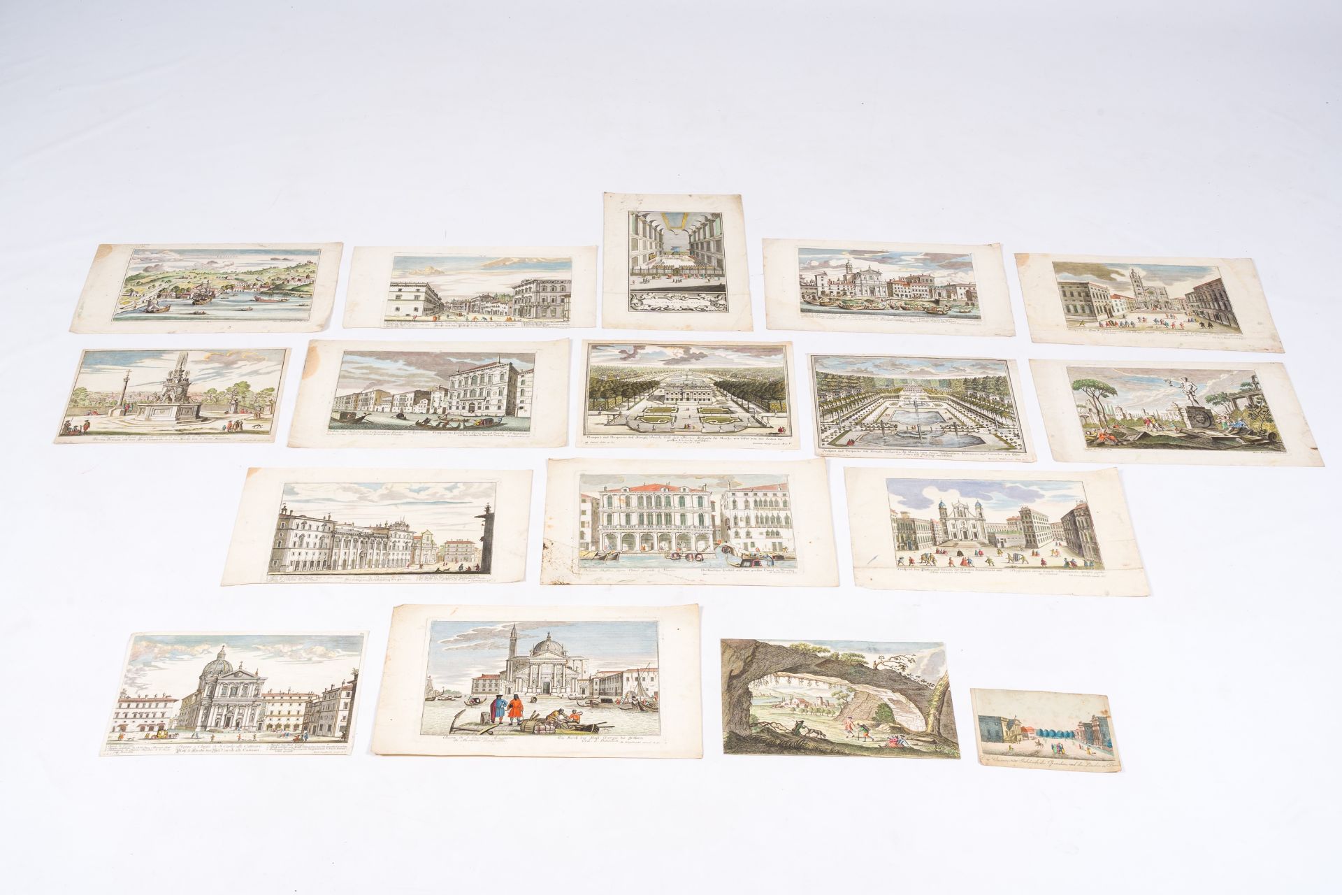 Fifteen various optical prints, a.o. views of Genoa, Venice and Rome, hand-coloured engravings, 18th - Image 2 of 3