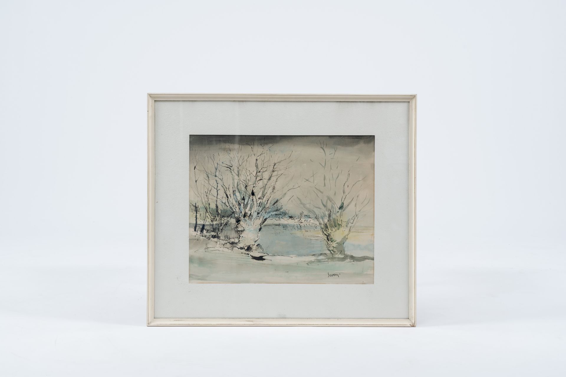 Albert Saverys (1886-1964): Pollard willows along the water's edge, ink and watercolour on paper - Bild 2 aus 5
