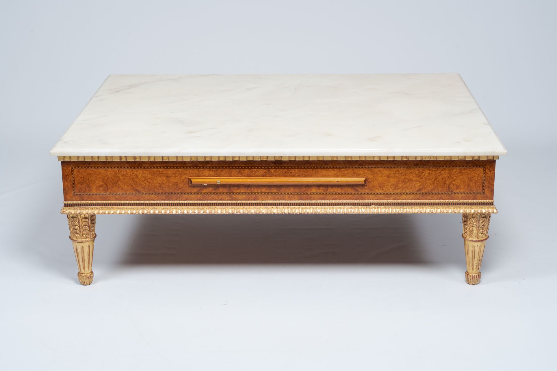 A Neoclassical partly gilt wood coffee table with marble top and four extendable plateaus, 20th C. - Image 3 of 8