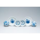 A pair of Chinese blue and white plates, a pair of saucers and two boxes and covers with horsemen an