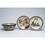 Two Chinese Nanking crackle glazed famille verte chargers and a famille rose 'warrior' bowl, 19th/20