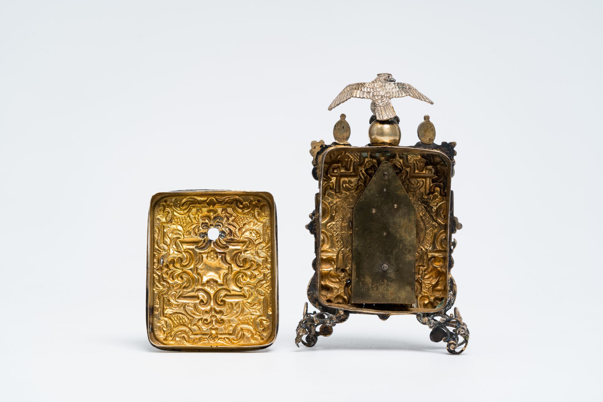 A gilt silver Baroque revival Viennese table clock crowned with an eagle and inlaid with turquoise, - Image 8 of 11