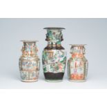 A Chinese Nanking crackle glazed famille verte 'warrior' vase and two Canton famille rose vases with