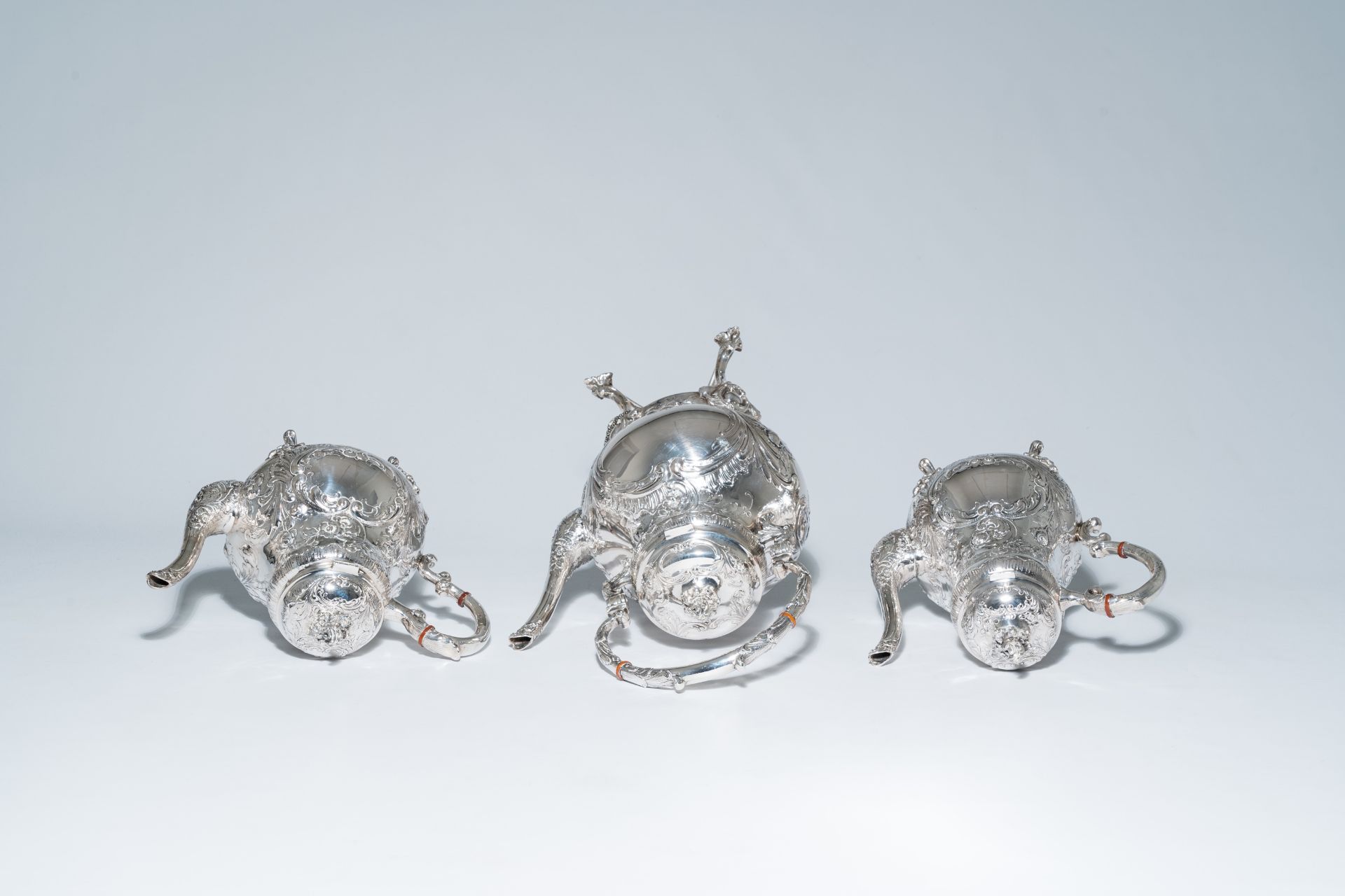 A five-piece German Rococo revival silver coffee and tea set with floral relief design, 800/000, mak - Image 7 of 20