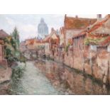 Paul Leduc (1876-1943): View of the Saint Walburga church in Oudenaarde seen from the water, oil on