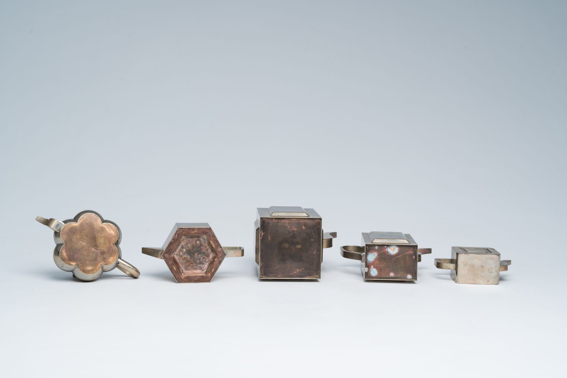 Five various Chinese paktong teapots and covers, 19th/20th C. - Image 7 of 11