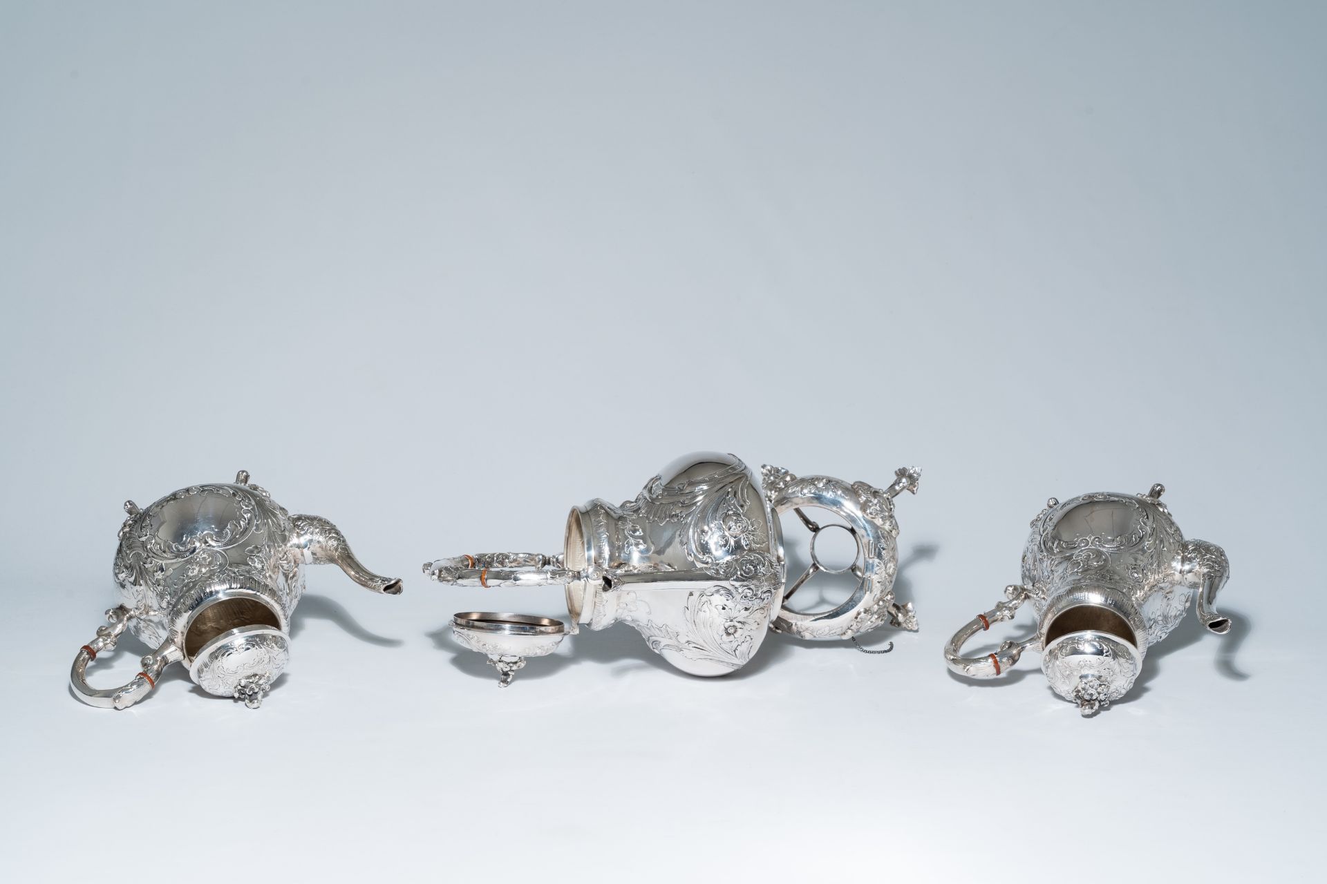 A five-piece German Rococo revival silver coffee and tea set with floral relief design, 800/000, mak - Image 6 of 20