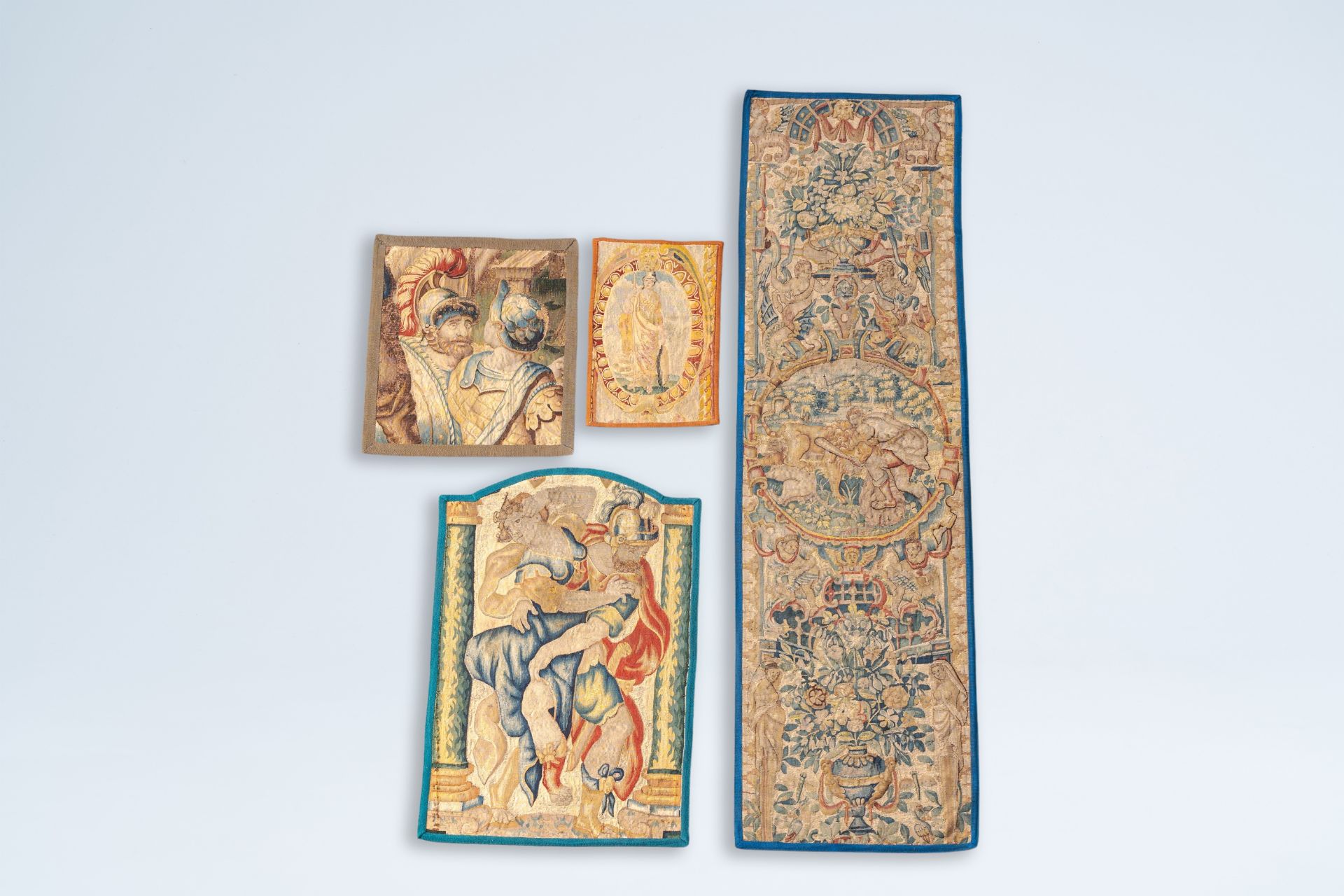 Four fragments of Flemish wall tapestries depicting Hercules, the rape of the Sabine women, Pallas A