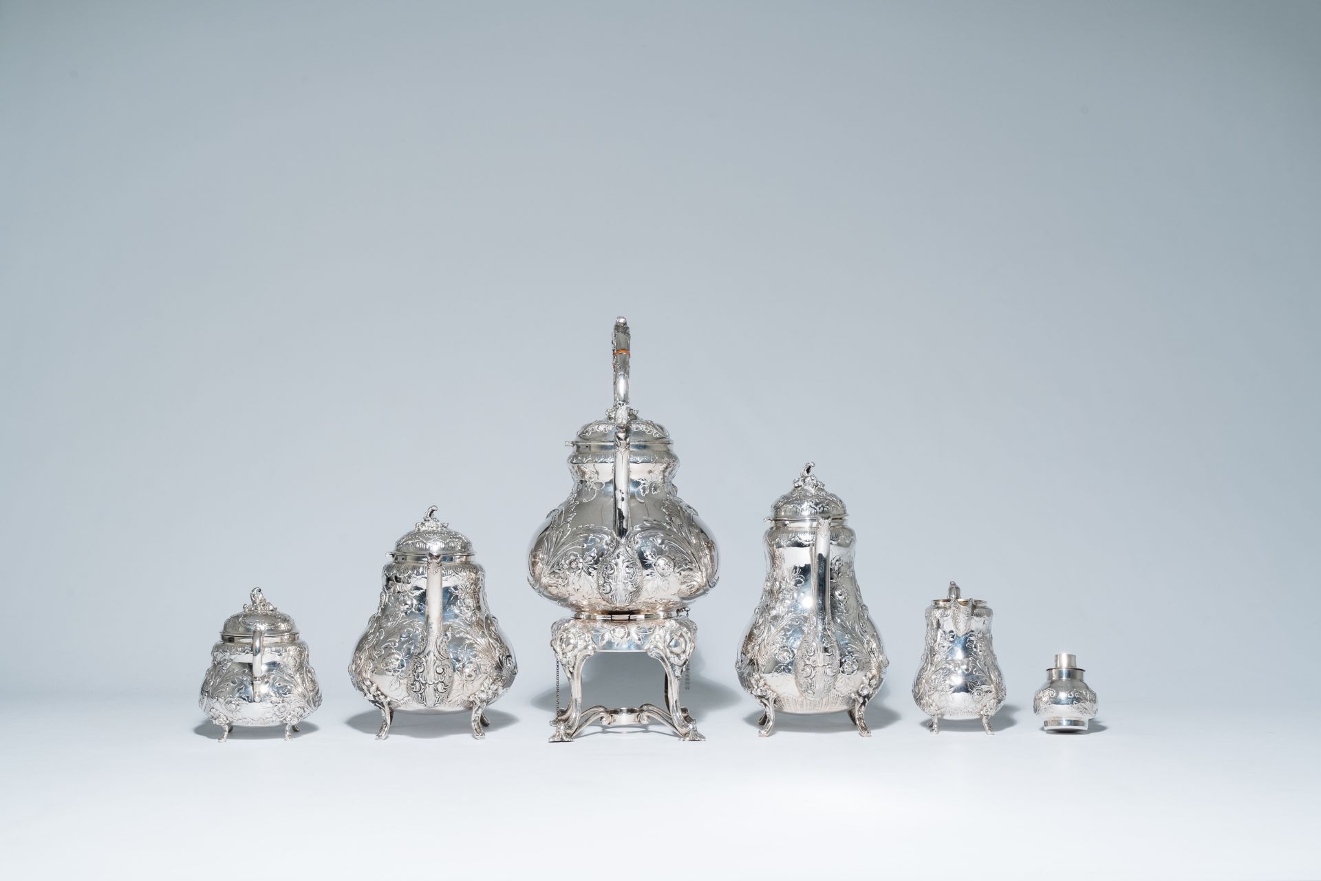 A five-piece German Rococo revival silver coffee and tea set with floral relief design, 800/000, mak - Image 4 of 20
