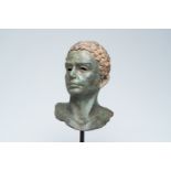 A green patinated bronze head of a man after the antique, 20th C.