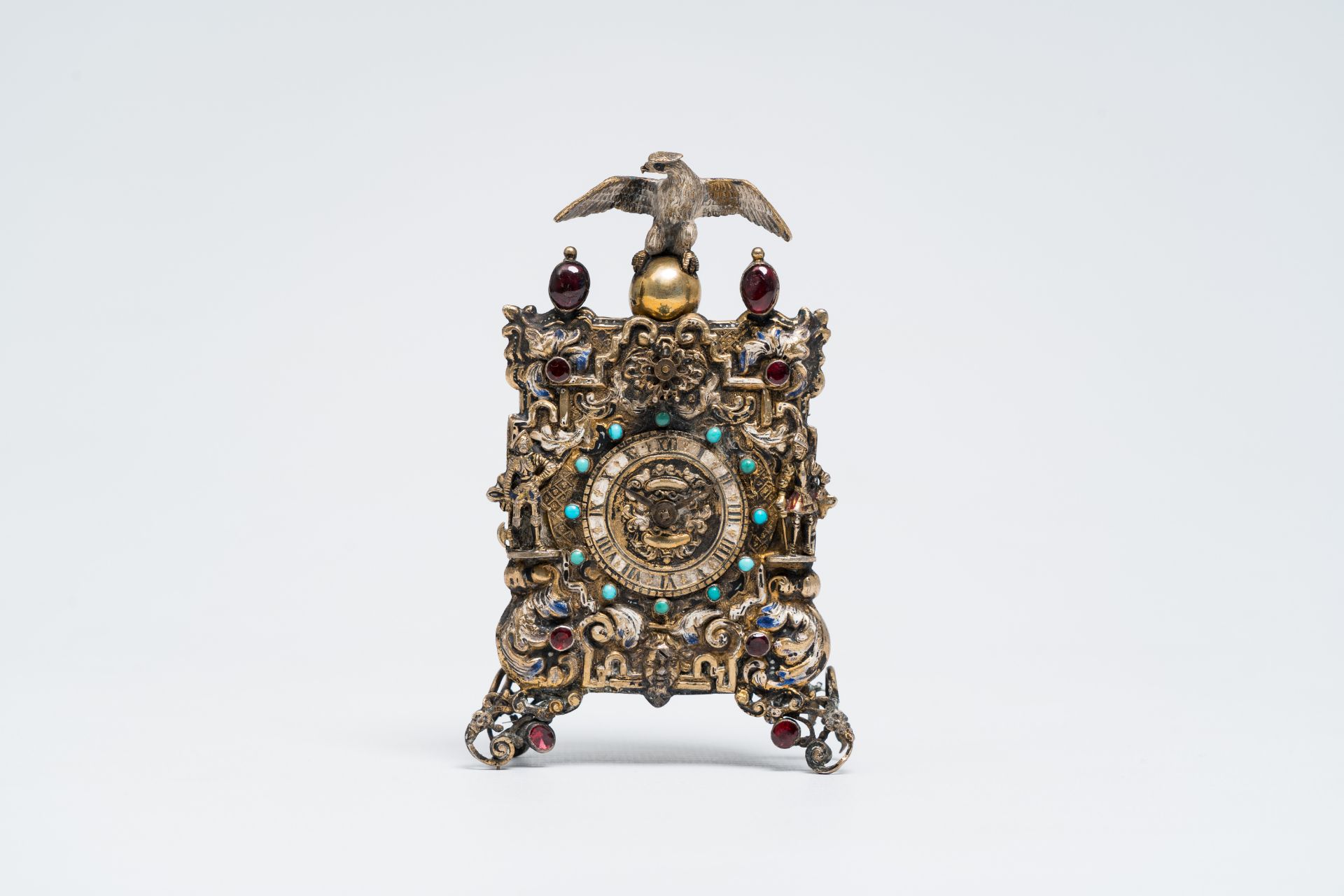 A gilt silver Baroque revival Viennese table clock crowned with an eagle and inlaid with turquoise, - Image 2 of 11