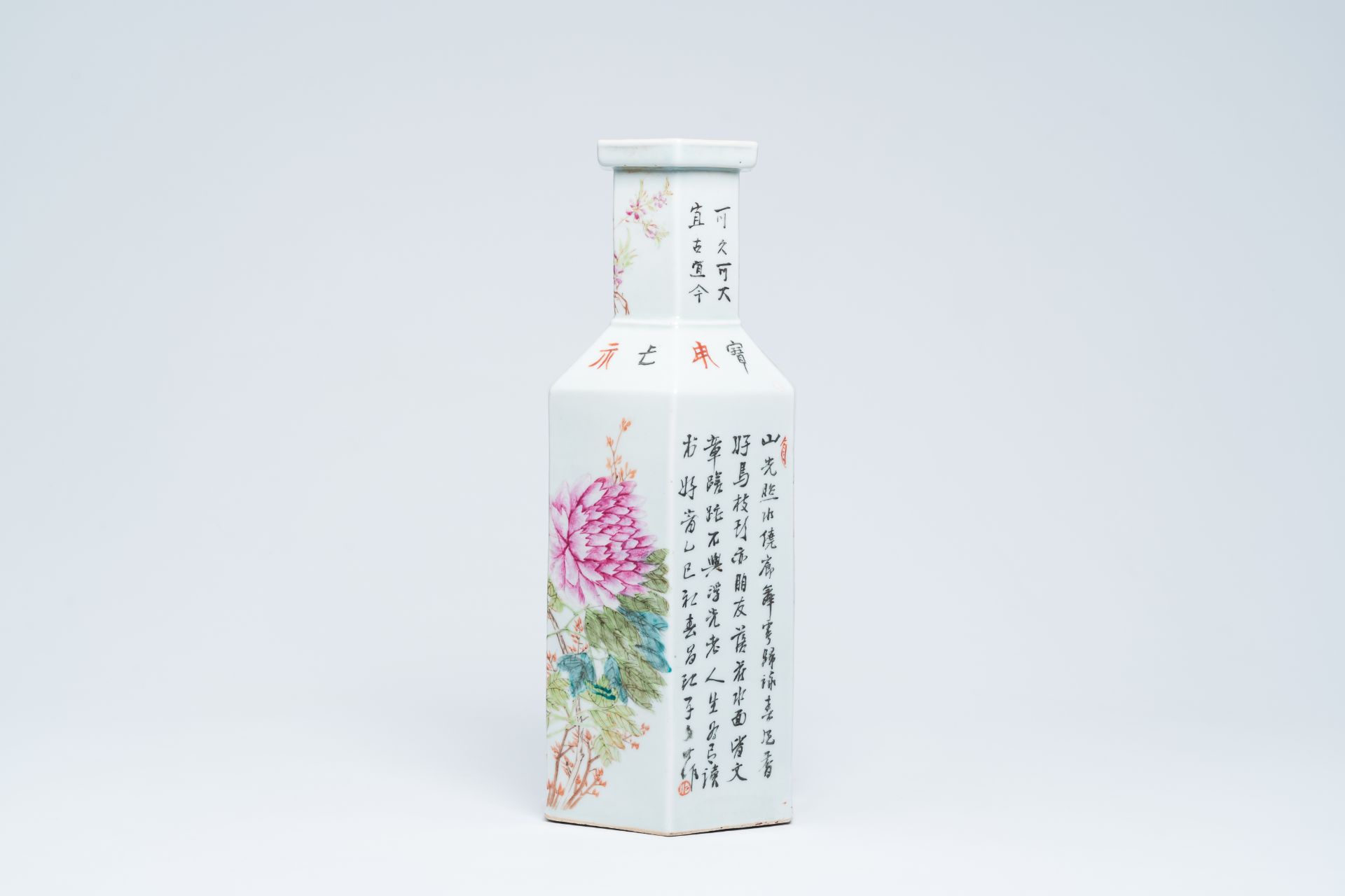 A hexagonal Chinese qianjiang cai vase with an animated landscape and a bird on a blossoming branch, - Image 2 of 6