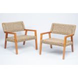 Olivier De Schrijver (1958): A pair of Boss lounge seagrass and teak armchairs, ed. 11 and 12/120, 2