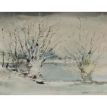 Albert Saverys (1886-1964): Pollard willows along the water's edge, ink and watercolour on paper