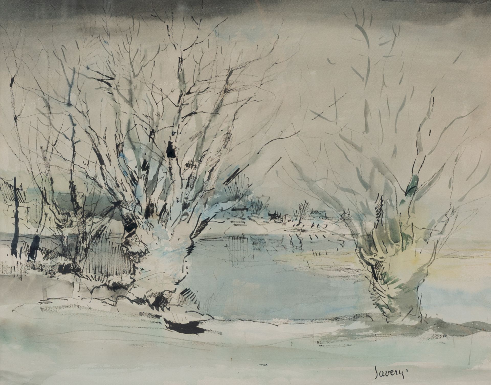 Albert Saverys (1886-1964): Pollard willows along the water's edge, ink and watercolour on paper