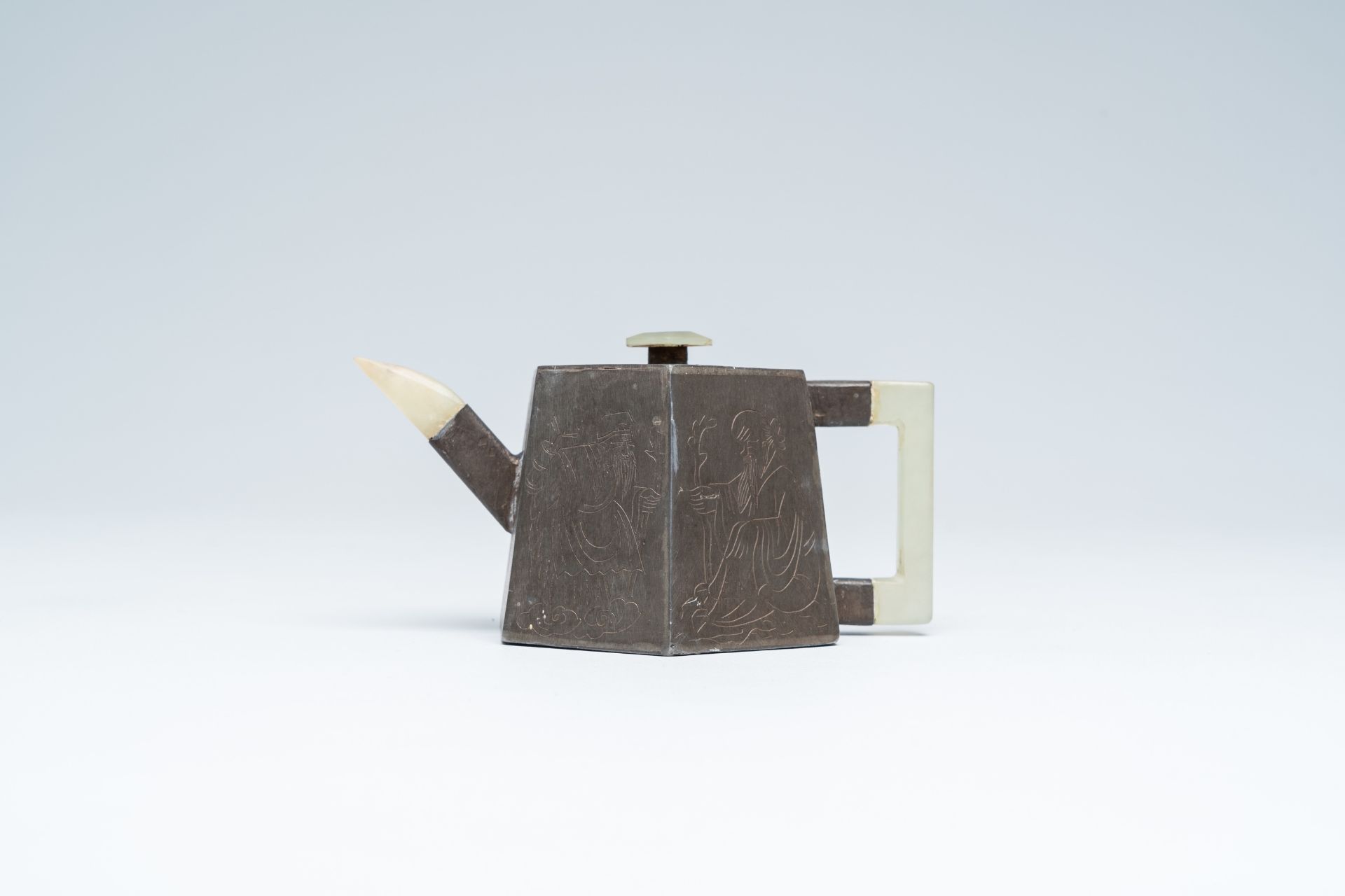 A Chinese inscribed pewter encased Yixing stoneware teapot with jade mounts, 19th C. - Image 2 of 7