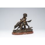 Auguste Joseph Peiffer (1832-1886): Putto with his setter, brown patinated bronze on a rosso fiorent