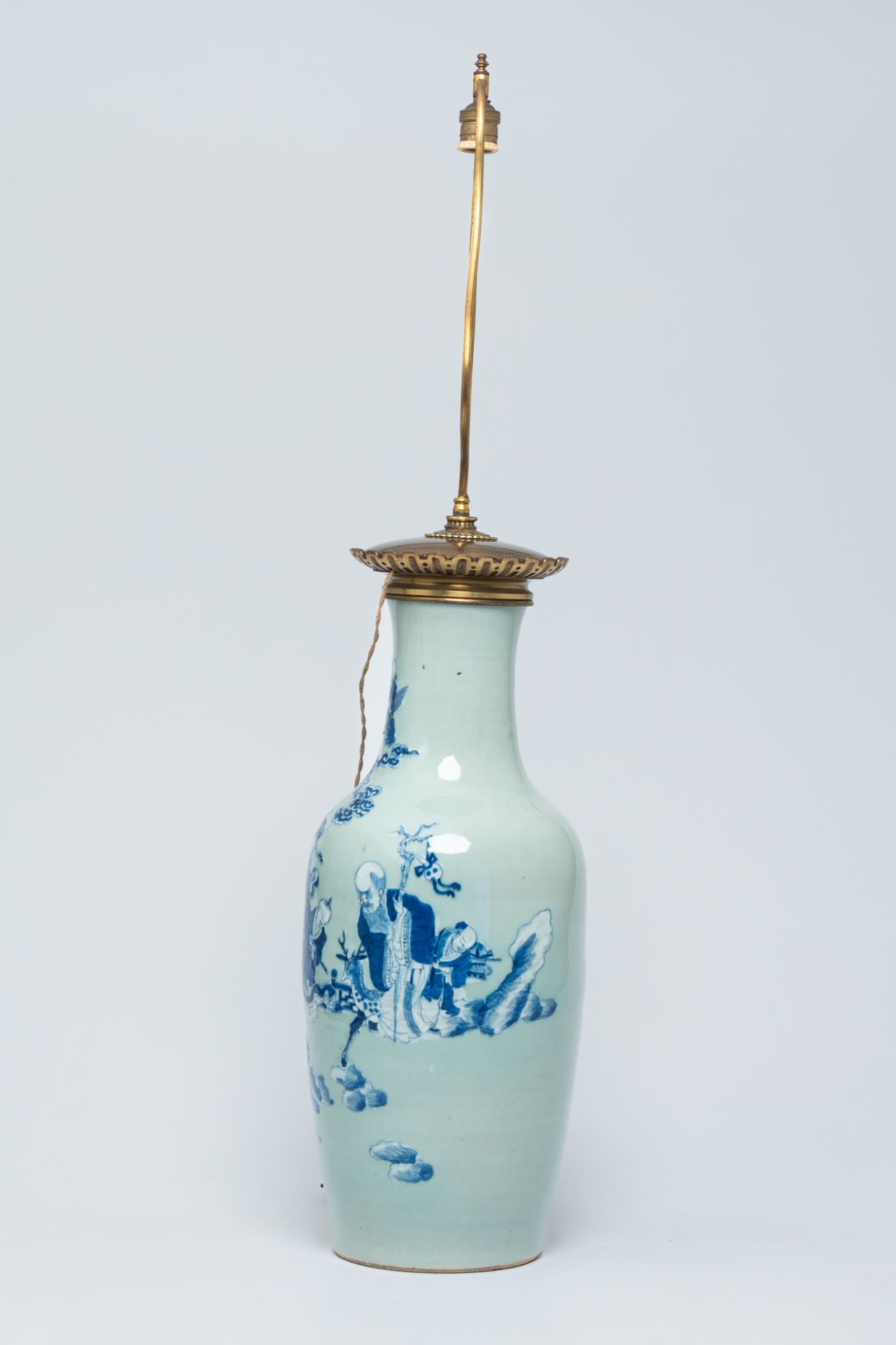 A Chinese blue and white celadon ground vase with the 'Star God' figures and their servants mounted - Image 2 of 8