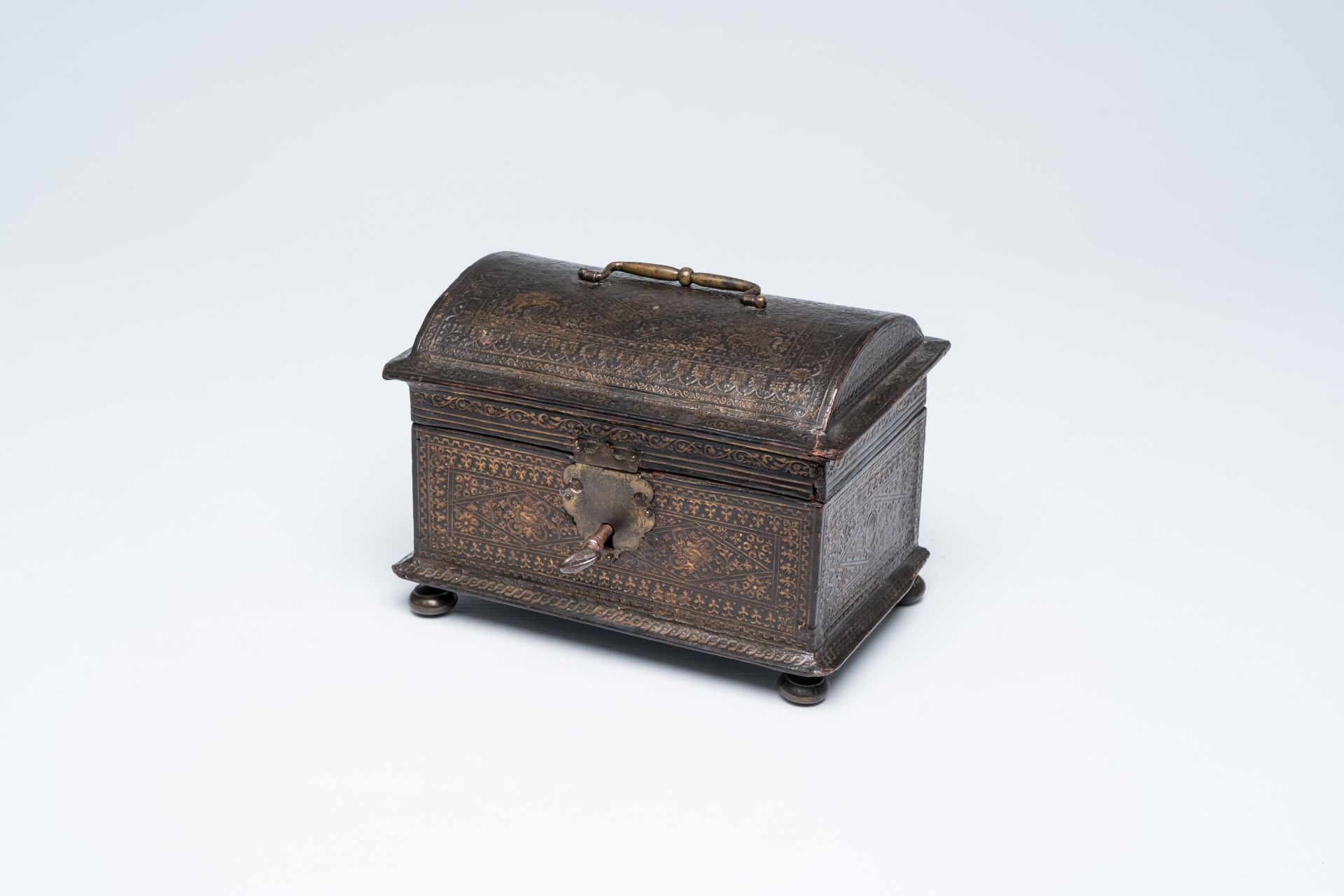 An Antwerp 'Plantijn' gilt embossed leather wood wedding chest, first third 17th C.