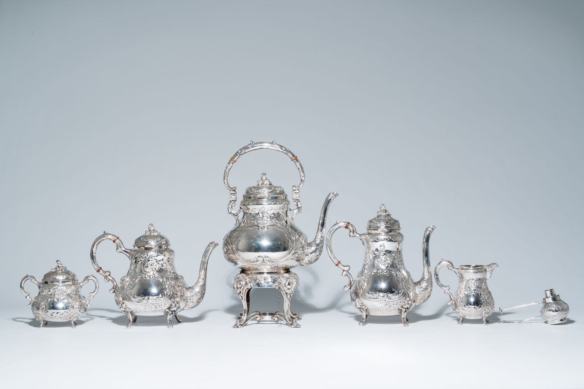 A five-piece German Rococo revival silver coffee and tea set with floral relief design, 800/000, mak - Image 3 of 20