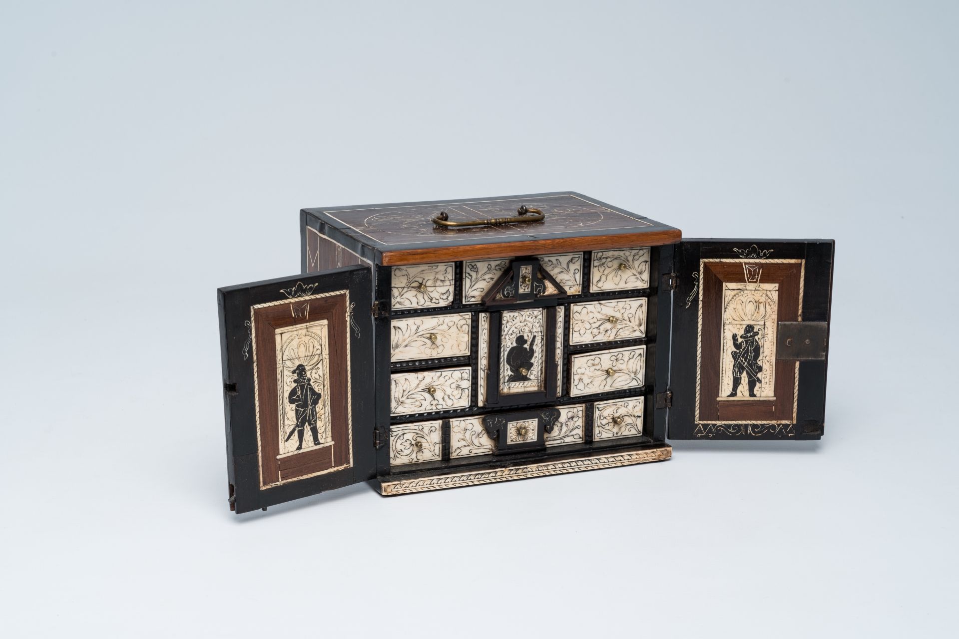 An elegant wood bone mounted miniature cabinet with figures and floral design, 17th/18th C. - Image 2 of 13