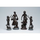 Two pairs of French patinated metal sculptures of harvesting ladies on a marble base, 20th C.