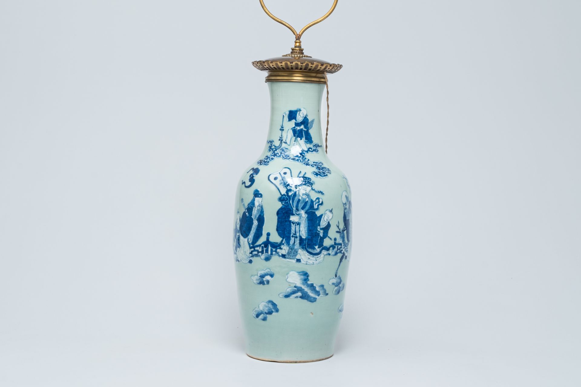 A Chinese blue and white celadon ground vase with the 'Star God' figures and their servants mounted - Image 5 of 8