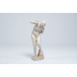 A composite stone sculpture of a nude lady with flower wreath, 20th C.