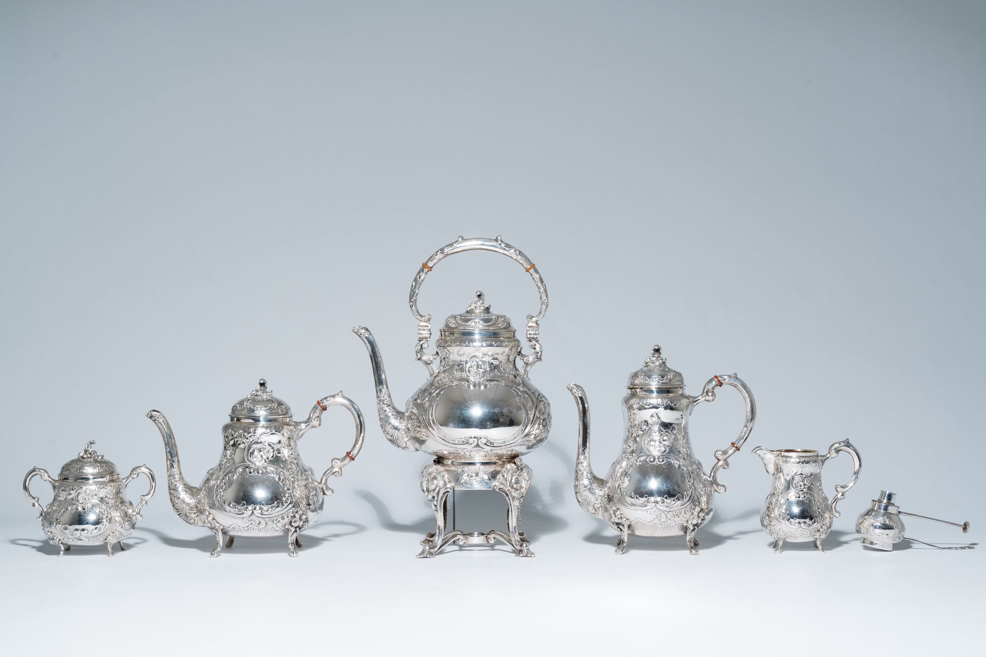 A five-piece German Rococo revival silver coffee and tea set with floral relief design, 800/000, mak - Image 2 of 20