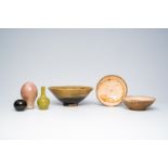 Three Japanese studio pottery bowls and three vases with various glazes, Meiji/Showa, 20th C.